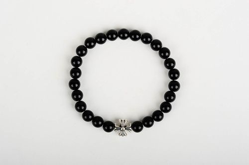 Metal cross and black beads unisex bracelet on an elastic string - MADEheart.com