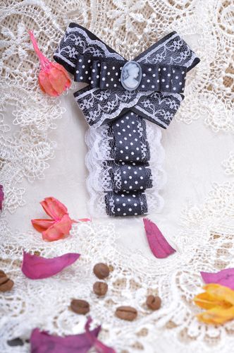 Handmade black and white polka dot fabric jabot brooch with cameo and lace - MADEheart.com