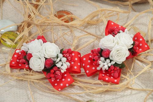 Set of 2 handmade decorative hair bands with red bows with white flowers - MADEheart.com