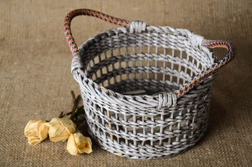 Unusual handmade woven paper basket newspaper craft room decor ideas small gifts - MADEheart.com