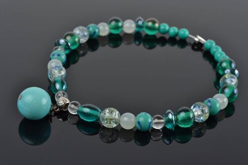 Handmade designer womens necklace with glass beads of turquoise color festive - MADEheart.com