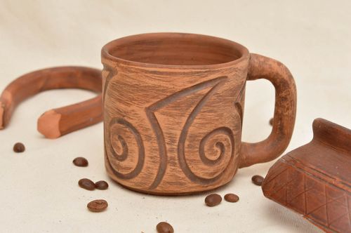 Clay not glazed hand-molded drinking cup with handle and Greek-style pattern - MADEheart.com