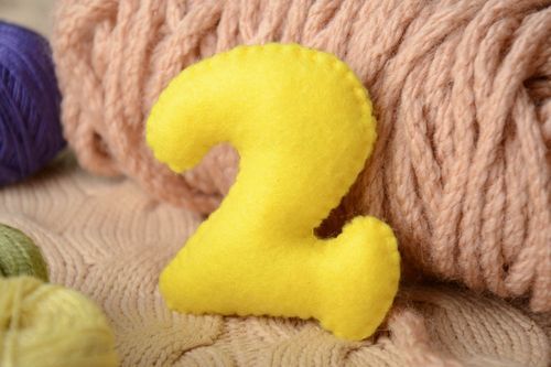 Handmade small yellow felt educational soft toy number 2 for little children - MADEheart.com