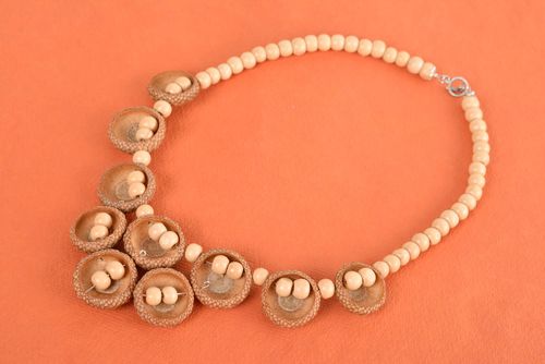 Necklace with wooden beads and acorns handmade designer accessory in eco-style - MADEheart.com