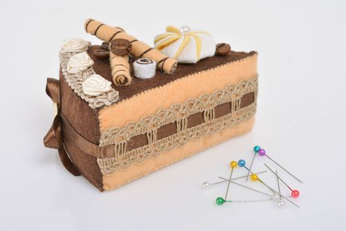 Handmade brown designer felt fabric pincushion in the shape of piece of cake - MADEheart.com
