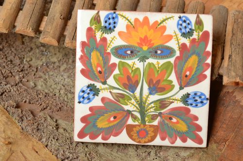 Clay tile with floral ornaments majolica ceramics handmade decorative wall panel - MADEheart.com