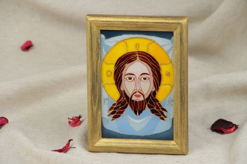 Handmade stained glass Icon of Christ Not Made by Hand equipped with frame - MADEheart.com