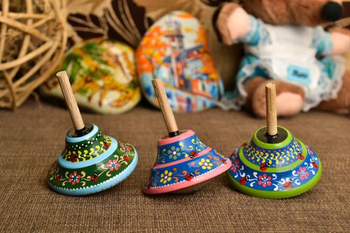 Whirligig baby toys wooden tops handmade toddler gift eco-friendly painted peg - MADEheart.com
