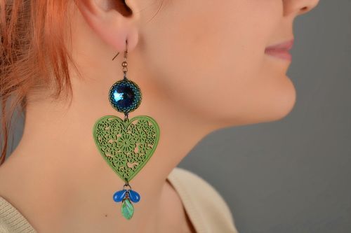 Handmade long designer earrings with wooden green hearts and Czech glass - MADEheart.com