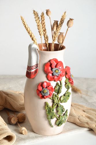 Vase en argile fait main design original décoration pour maison avec coquelicots - MADEheart.com