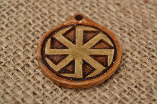 Handmade small round natural wood carved protective amulet pendant Cross of Lada - MADEheart.com
