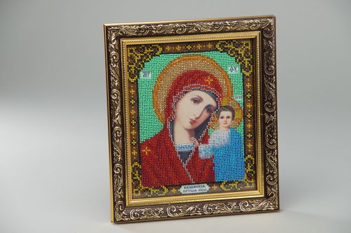Handmade bead embroidered icon of the Kazan Mother of God present for believer - MADEheart.com