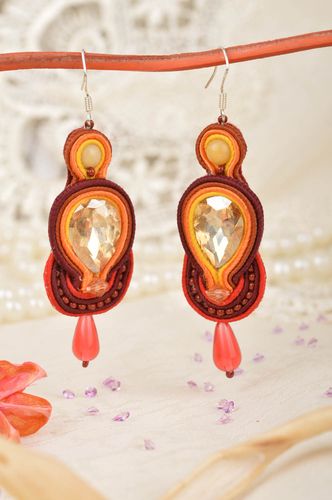 Beautiful womens handmade large dangle soutache earrings of claret color - MADEheart.com