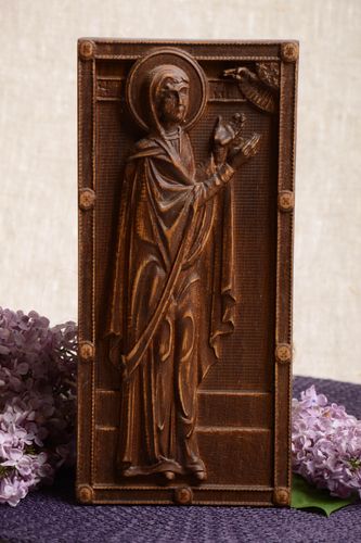 Handmade wall panel carved wooden icon decorative icon St Prophetess Anna - MADEheart.com
