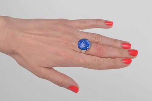 Handmade round shaped metallic blue ring with glass Leo summer accessory - MADEheart.com