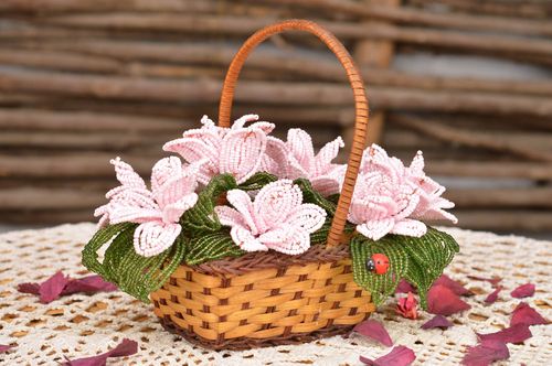Handmade beautiful basket with pink peonies made of beads for home decor - MADEheart.com