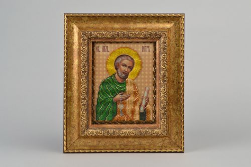 Beautiful handmade Orthodox icon embroidered with beads in frame for wall decor - MADEheart.com