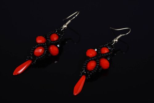 Beautiful red and black handmade elegant long beaded earrings - MADEheart.com