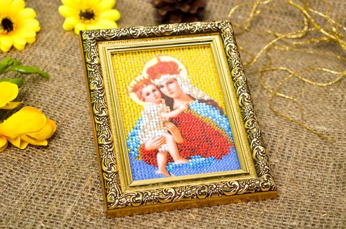 Icono religioso bordado con abalorios cuadro artesanal regalo especial - MADEheart.com