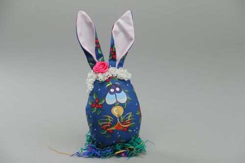 Small handmade soft interior toy sewn of fabric Easter Rabbit of blue color - MADEheart.com
