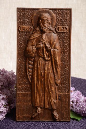 Handmade orthodox icon of St Elijah the prophet carved wooden wall panel - MADEheart.com