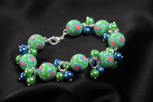 Green and blue handmade stylish childrens polymer clay bracelet with charms - MADEheart.com