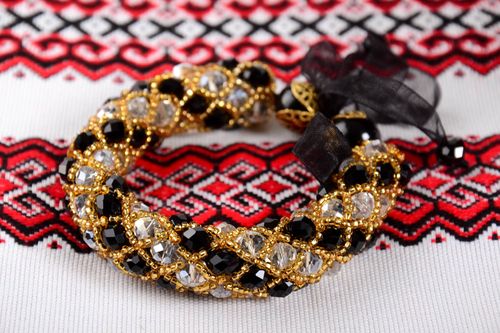Elegant handmade black and gold color beads large strand bracelet  on a black rope - MADEheart.com