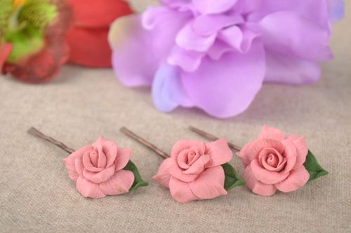 Blume Haarspangen handgemachter Schmuck Accessoires für Haare rosa Rosen Set 3 - MADEheart.com
