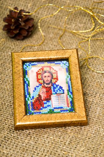 Handmade beautiful icon beaded icon in frame small orthodox icon present - MADEheart.com