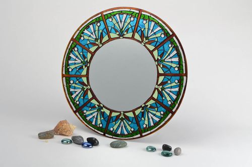 Miroir rond décoratif fait main pratique original en verre vitrail peint - MADEheart.com