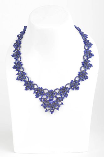 Beautiful blue handmade tatting necklace woven of satin threads with Czech beads - MADEheart.com