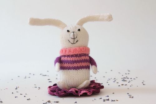 Knitted toy Baby rabbit in pink-purple sweater - MADEheart.com