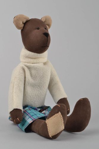 Handmade fabric soft toy brown bear in white sweater and checkered shorts - MADEheart.com