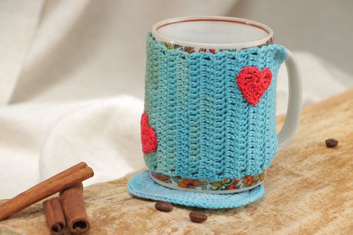 Handmade crochet cotton cup accessories set 2 items cup cozy and coaster - MADEheart.com