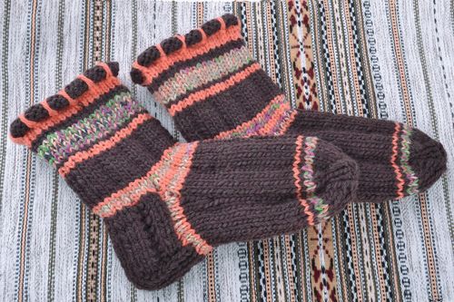 Handmade warm socks knitted of natural wool in brown color palette for women - MADEheart.com