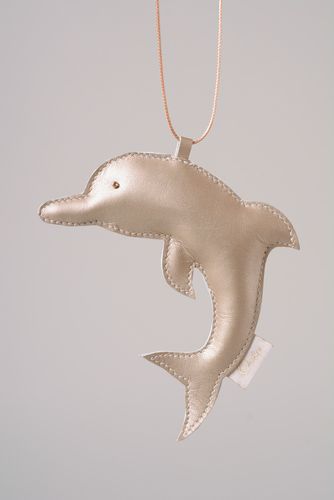 Soft homemade leather keychain bag charm in the shape of dolphin of light color - MADEheart.com