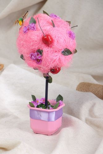 Handmade decorative round pink topiary tree with sisal in pot for interior decor  - MADEheart.com