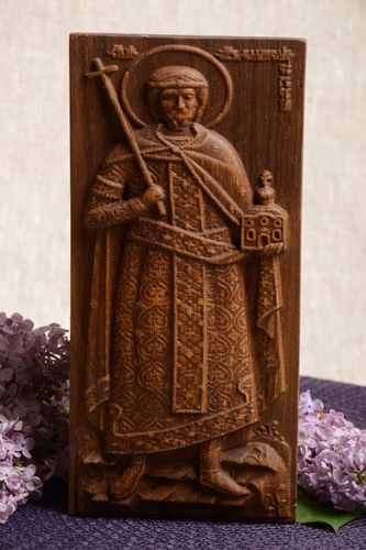 Handmade wooden wall panel icon with metal fastening Serbian Saint Vladislav - MADEheart.com