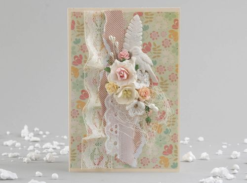 Cartão postal artesanal de autor para felicitações de papel skrap decorado com rendas  - MADEheart.com