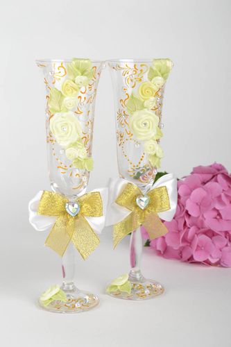 Красивые свадебные бокалы с бантиком и цветами набор 2 шт 170 мл ручной работы - MADEheart.com