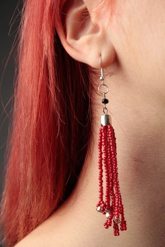 Handmade cute red long earrings jewelry for party large dangling earrings - MADEheart.com