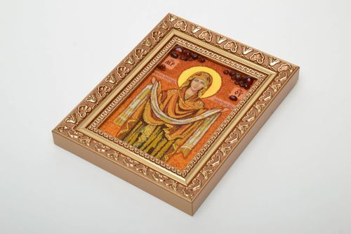 Reproduction icône religieuse avec pierre naturelle ambre - MADEheart.com