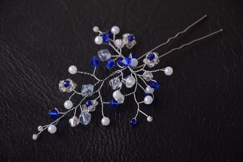 Blau weiße Haarnadel mit Perlen handgemachter Schmuck Haar Accessoire zart - MADEheart.com