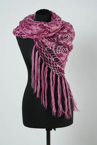 Handmade warm lace knitted shawl in pink color palette with fringe for women - MADEheart.com
