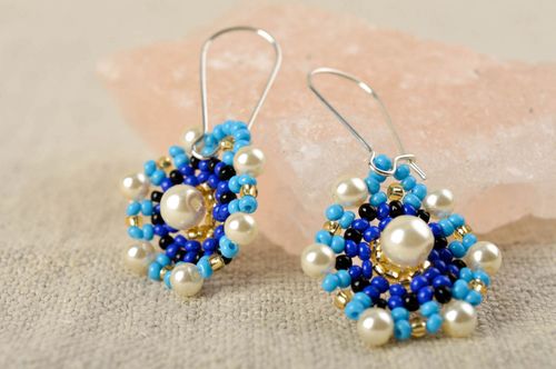 Handmade long beaded earrings stylish blue earrings designer bright jewelry - MADEheart.com