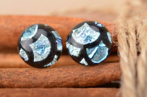 Handmade small round stud dichroic glass earrings black and blue Fish Scale - MADEheart.com