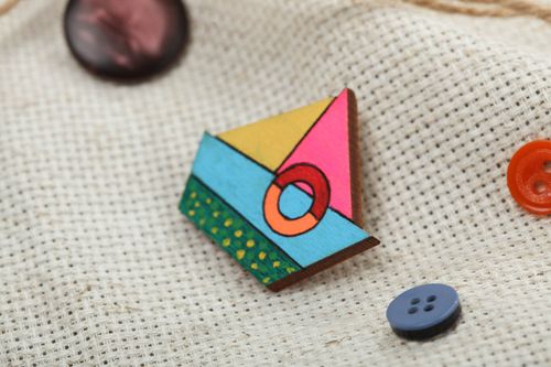 Handmade small designer kids plywood brooch painted with acrylics colorful boat - MADEheart.com
