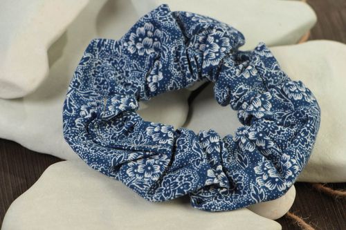 Handmade designer elastic hair band sewn of blue cotton with white ornament - MADEheart.com