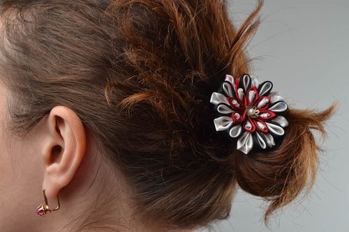 Unusual beautiful handmade designer hairpin with satin ribbon flower - MADEheart.com
