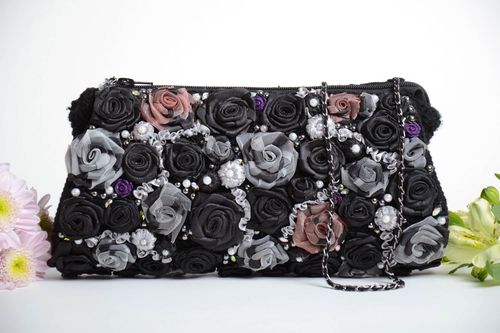 Handmade small designer crocheted black clutch bag with satin ribbon flowers - MADEheart.com